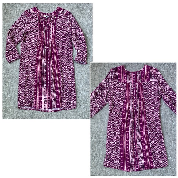 purple and white ikat geometric print flowy 3/4 sleeve tunic dress - Picture 11 of 16